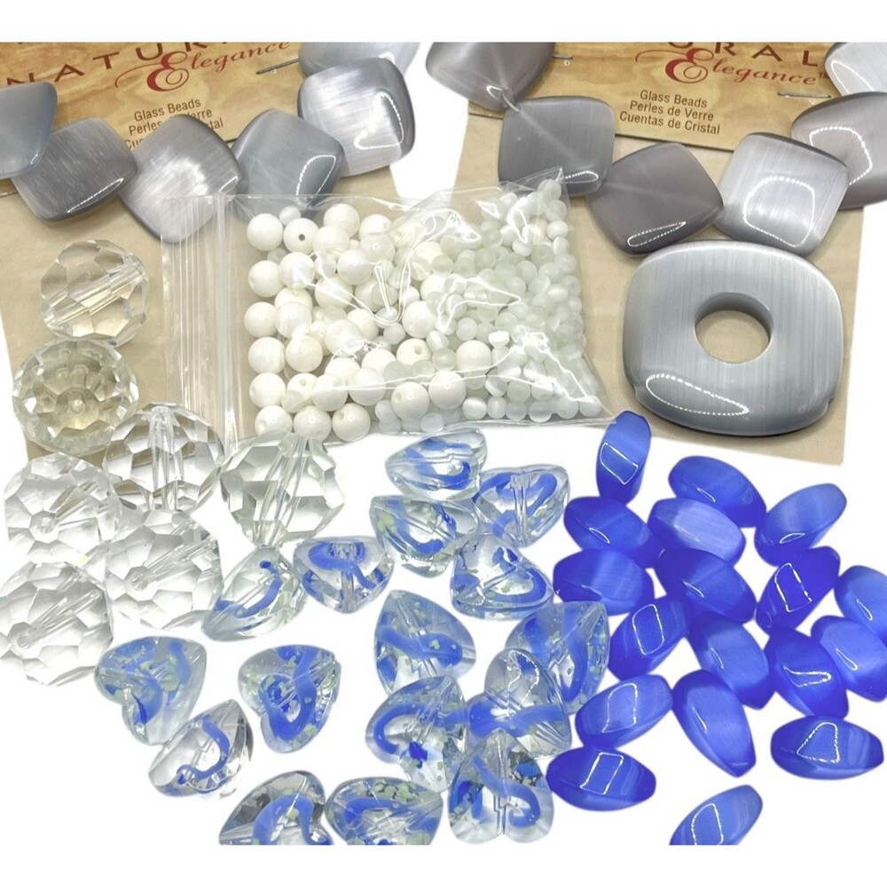 Mixed Lot Glass Beads Chunky Gray Blue Clear Heart Square Round Faceted Variety